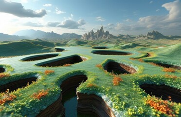 Close up of a green field with a river and mountains in the distance