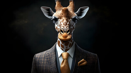 Poster - A giraffe in a suit, blending animal and human attributes creatively.