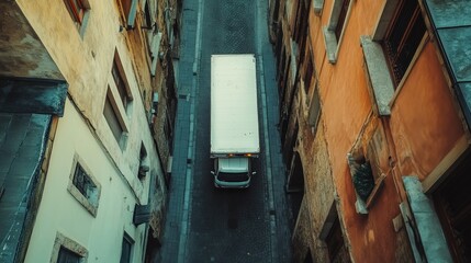 Canvas Print - An overhead view of a delivery truck navigating a narrow street between buildings.