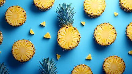 Wall Mural - Sliced Pineapple Photo on a Blue Background