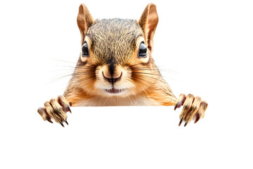 Cute squirrel holding blank white banner in its paws isolated on transparent background