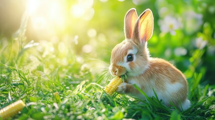 Cute bunny with brown and white fur, sitting on green grass, eating fresh grass and organic baby corn, with a soft-focus nature background