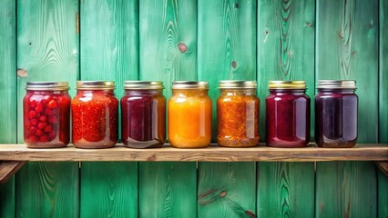 Glass jars of assorted jams displayed on a mint green wooden shelf