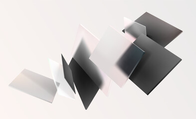 Wall Mural - 3d monochrome squares and rectangles on white background. art geometric shapes in glass morphism sty