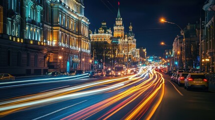 A busy Moscow street at night with illuminated buildings and traffic light trails.