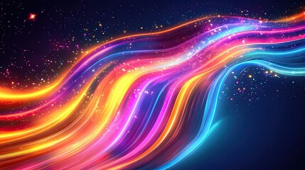 Wall Mural - 1. An abstract background featuring vibrant, glowing neon lines and twinkling stars against a deep dark blue backdrop. The design includes bright, curved stripes that create a sense of movement and