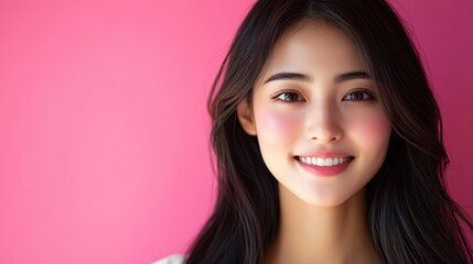 10. A detailed portrait of a beautiful Japanese woman with long hair, captured in a close-up shot. She is wearing a white dress and has a happy smile, with sunlight softly highlighting her face. The