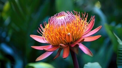 A close-up of a vibrant, exotic flower blooming in a tropical garden.