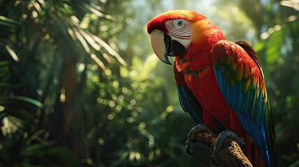 Wall Mural - A close-up of a vibrant, multicolored parrot perched on a branch in a jungle.