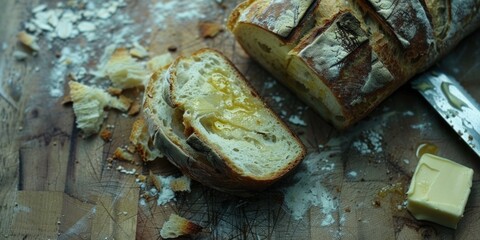 A rustic wooden table features freshly baked sourdough bread, sliced and accompanied by butter and a knife