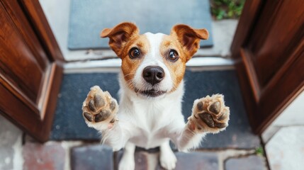 Top view of a dog standing on two legs, pawing at a door, eagerly waiting for someone to open it.