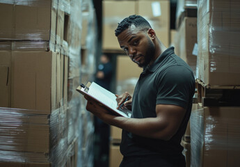 Canvas Print - A worker in overalls is holding a clipboard and taking notes while standing near the warehouse with boxes of goods