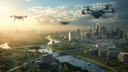 A high-tech urban landscape with self-sustaining power grids and autonomous drones patrolling the skies