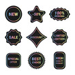 © AlexNikel - Set of holographic stickers for sale. Vector illustration with iridescent inscriptions of discounts and sales