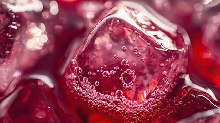 Canvas Print - Close-up of red jelly with ice cubes and bubbles, showcasing texture and color.