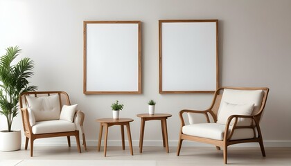 Two wooden framed blank canvases hanging on a white wall above two beige armchairs and a small wooden table.