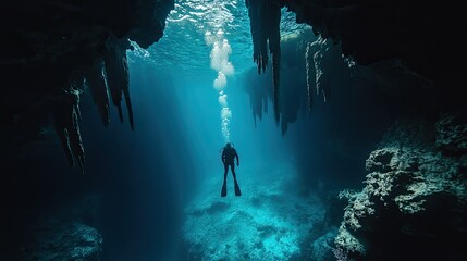 A diver exploring the ancient stalactites and stalagmites within the Great Blue Hole underwater caves.