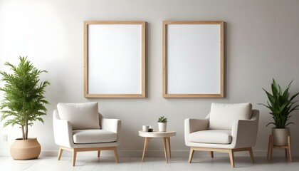 Two wooden framed blank canvases hanging on a white wall above two beige armchairs and a small wooden table.