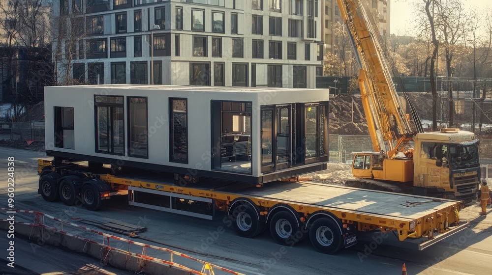 Flatbed trucks delivering prefabricated modular units or site cabins to ...