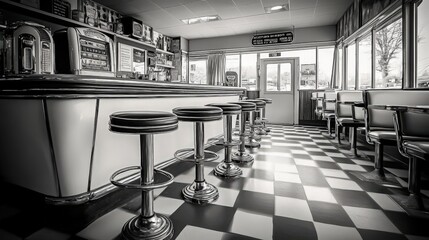 Nostalgic black-and-white photograph of a 1950s American diner, featuring retro interior design elements like checkerboard floors, chrome bar stools, and a jukebox