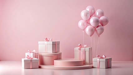 Blank pink podium pedestal with gift boxes, balloons, and product display stand on a light pink background