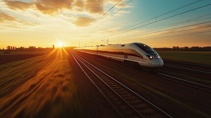 A modern Russian high-speed train speeding through a rural landscape at sunset.