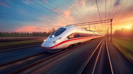 A modern Russian high-speed train speeding through a rural landscape at sunset.