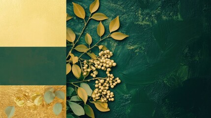 Wall Mural - Green and Gold Leaves Branch with White Berries