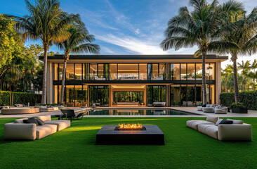 Wall Mural - the front yard and backyard, with green grass, patio seating area, fire pit, swimming pool in the background, a large modern home, palm trees