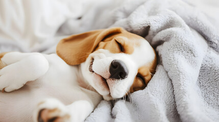 Close-Up of a Playful Beagle with Floppy Ears and a Happy Expression, Relaxing on a Soft Blanket. This Delightful Puppy Radiates Joy and Playfulness in a Cozy Setting, Perfect for Pet Lovers 