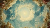 Celestial Baroque Masterpiece: Dramatic Blue Sky Ceiling Fresco with Ornate Frame. Elegant Trompe l'Oeil Mural Depicting Heavenly Figures in Azure Expanse. Cultural Icon of Faith and Inclusivity, Perf