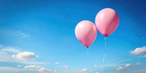 Two pink balloons floating in a clear blue sky with space for text