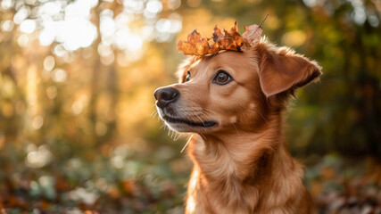 Wall Mural - Cute Golden Retriever portrait in autumn. Happy dog playing with fallen leaves in the forest