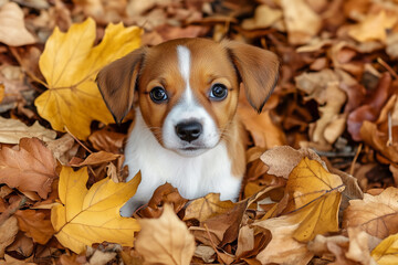Wall Mural - Cute puppy portrait in autumn. Happy dog playing with fallen leaves in the forest