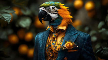 Sticker - A parrot dressed in a formal suit among citrus trees.