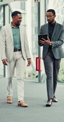 Poster - Walking, friends and discussion in office, tablet and planning of review, insurance and collaboration of black people. Project, underwriter and reading of application, online and talking for policies