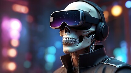 spooky cyberpunk skull in three dimensions with futuristic virtual reality goggles in a 3D illustration