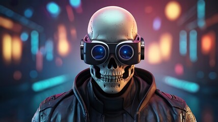 spooky cyberpunk skull in three dimensions with futuristic virtual reality goggles in a 3D illustration