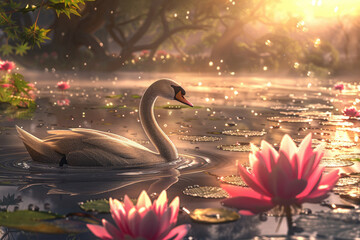 Wall Mural - A swan moves gently through a peaceful pond filled with vibrant lotus flowers, illuminated by the warm glow of sunset