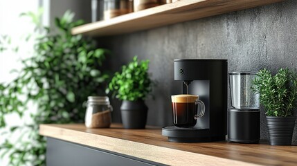 Wall Mural - Single AI-driven coffee maker brewing coffee, minimal kitchen scene with soft natural light, large blank space surrounding, copy space for stock photo with minimal concept, No logo, No Trademark, No
