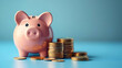 © Siasart Studio - A piggy bank surrounded by stacks of coins on a blue background.