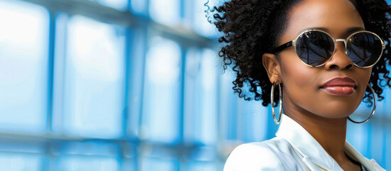 A woman stands confidently, wearing sunglasses and showcasing her curly hair, in a contemporary indoor setting lit by natural light