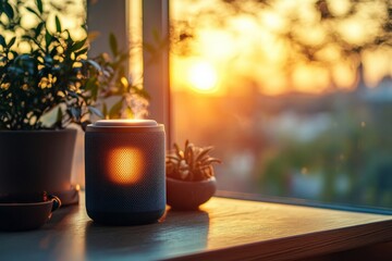 Wall Mural - Simple AI-powered speaker playing morning music, minimal setting with soft light, abundant empty space around, copy space for stock photo with minimal concept, No logo, No Trademark, No text