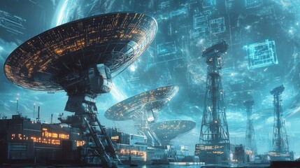 Futuristic satellite array with glowing technology and data projections in a sci-fi landscape.