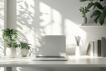 Wall Mural - Minimal AI-powered laptop on a clean white desk, soft natural light, ample copy space around for text or design, copy space for stock photo with minimal concept, No logo, No Trademark, No text