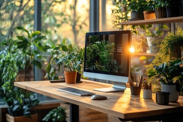 Wall Mural - Minimal AI-controlled standing desk adjusting height, soft morning light, abundant empty space for copy or design, copy space for stock photo with minimal concept, No logo, No Trademark, No text