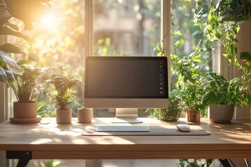 Wall Mural - Minimal AI-controlled standing desk adjusting height, soft morning light, abundant empty space for copy or design, copy space for stock photo with minimal concept, No logo, No Trademark, No text