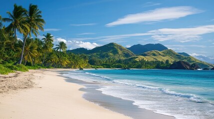 A picturesque beach on the Mamanuca Islands with swaying palm trees and gentle waves.