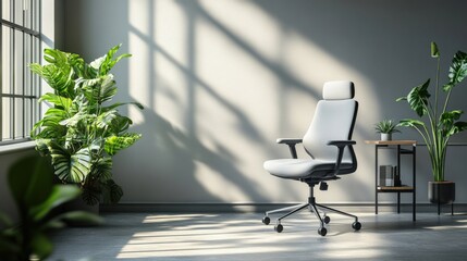 Wall Mural - single ai-driven ergonomic chair in a minimalist home office, ample copy space for text or design ar