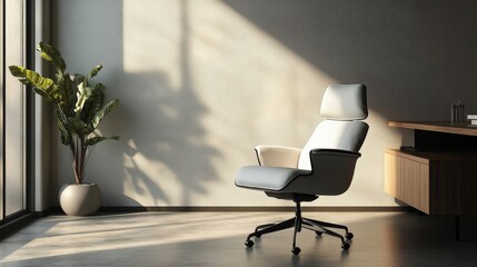 Wall Mural - Single AI-driven ergonomic chair in a minimalist home office, ample copy space for text or design around, copy space for stock photo with minimal concept, No logo, No Trademark, No text